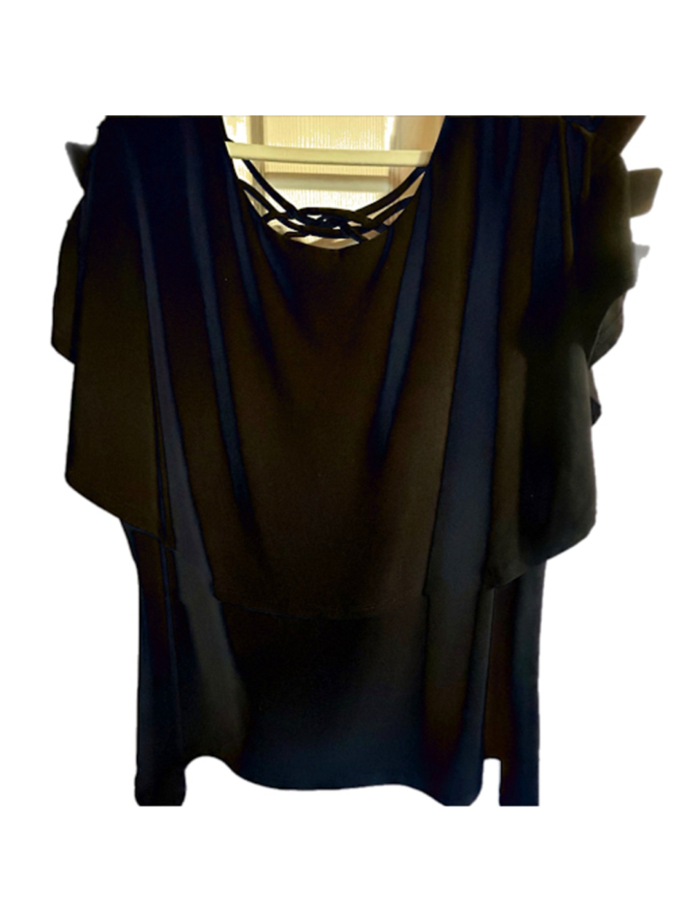 COCO BIANCO Black Blouse XL Cold Shoulder Strappy Cage Neck Layered Ruffle Top - Picture 3 of 6